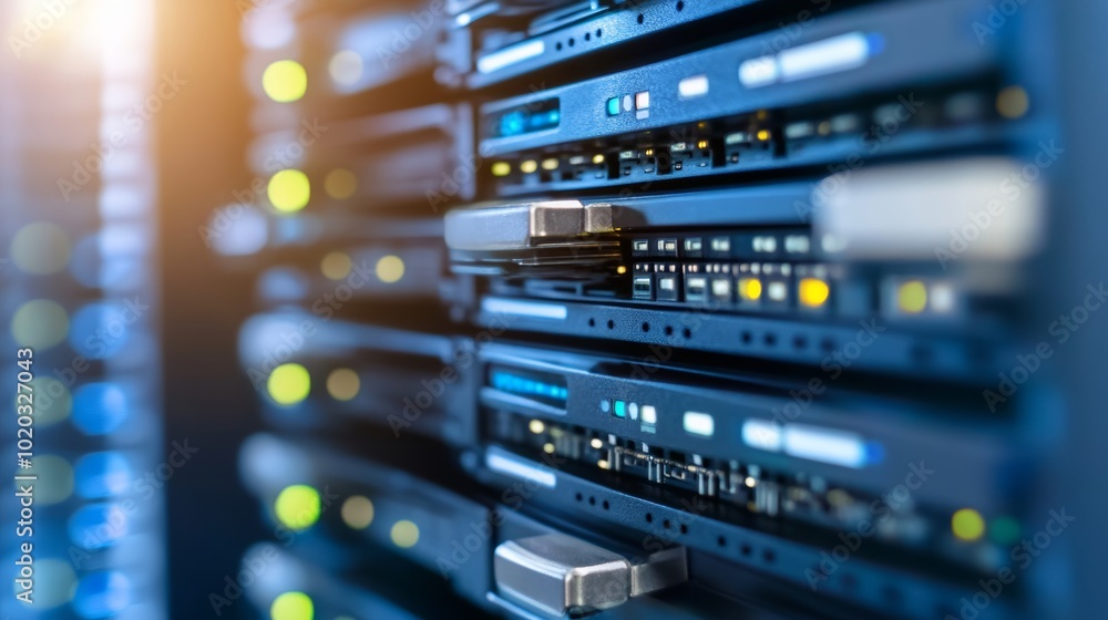 Poster servers stacked in data center cloud computing, information technology, big data storage concept