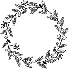 Christmas Wreath with Leaves and Berries Vector Design in Hand Drawn Style for Banners, Cards, Digital Decorations, Borders, Ornaments, Traditional Holiday Decor.