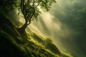 green hills roll gently under a misty sky, creating a peaceful and serene landscape that exudes calmness and tranquility amidst the fluffy white clouds overhead. 