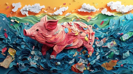 Fototapeta premium Pig foraging through trash Pig rummaging in garbage