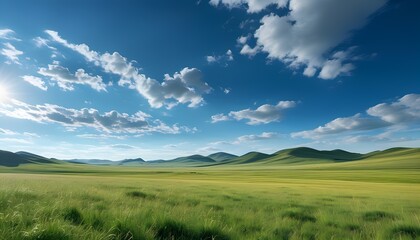 Obraz premium Vast Grasslands with Rolling Hills and a Clear Sky at Midday