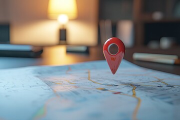 Red location pin on a map in a cozy indoor setting.