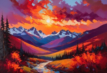 breathtaking vibrant sunset paints sky over serene mountain range dazzling colors majestic peaks, alpine, adventure, beautiful, brightness, cinematic