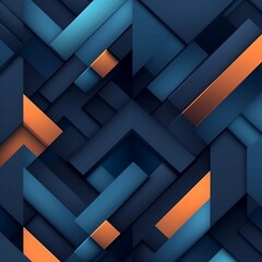 Geometric abstract design with layered blocks in blue and orange, creating a three-dimensional visual with modern symmetry and bold contrast.