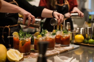 A Caesar cocktail making class with participants mixing their drinks