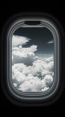 A cinematic shot of the window view from inside an airplane