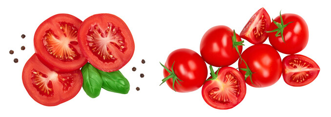 Tomato slices with basil and peppercorns isolated on white background. Clipping path . Top view. Flat lay