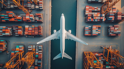 Cargo plane flying above container dock and ship port use for transportation and freight logistic,