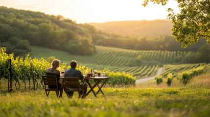 Obraz premium couple enjoying wine tasting at vineyard, surrounded by lush green hills and rows of grapevines. sunset creates romantic atmosphere, enhancing their experience