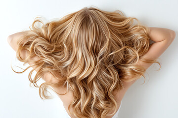 Naklejka premium Beautiful long wavy blonde hair on a white isolated background.