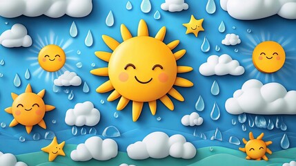Smiling Sun, Clouds, and Rain on a Blue Background