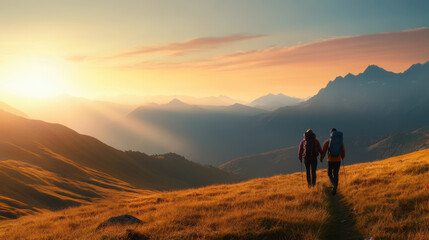 couple hiking in mountains during sunset, enjoying scenic views and beauty of nature. warm light creates serene atmosphere as they explore landscape together
