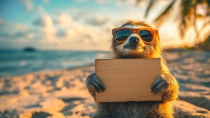 Cool sloth wearing sunglasses relaxing o nthe beach holding empty wooden sign in hands .
