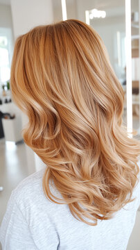 Beautiful wavy blonde hair styled elegantly, portrait view, soft lighting.