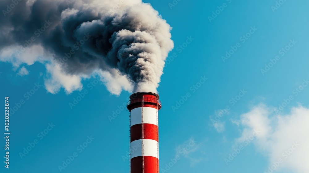 Wall mural tall industrial smokestack with dark smoke billowing out, red and white-striped structure, blue sky