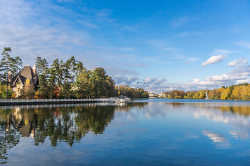 Magnificent view of the river on a clear sunny day. Lush greenery along the banks of the .river.