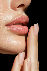 Fototapeta premium Close-up of a woman's lips and fingers with a glossy finish on a black background.