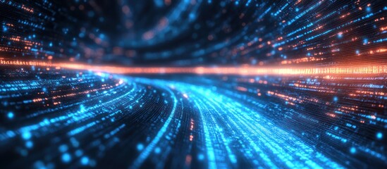 Fototapeta premium Abstract blue and orange digital data stream flowing through a digital tunnel, futuristic background.