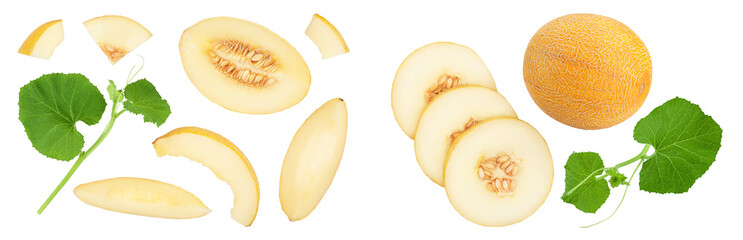 Melon half and slices isolated on white background. Top view. Flat lay
