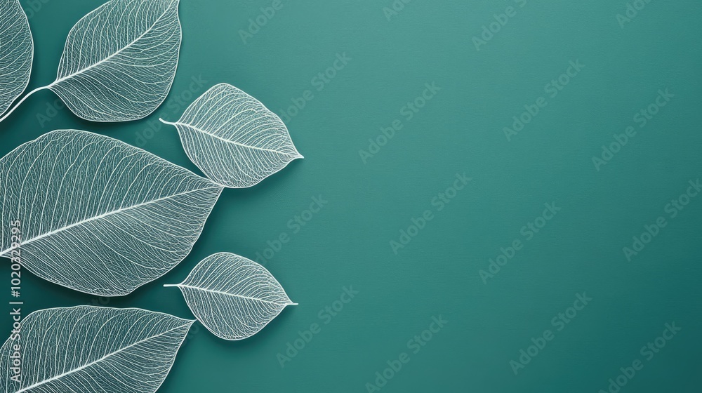 Poster teal background with soft white leaf outlines, creating a minimalist nature-inspired design with fin