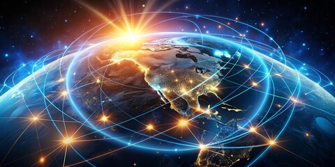 Fototapeta premium A luminous globe bathed in an ethereal glow, showcasing interconnected pathways of light that encircle the planet, signifying a network of global connectivity.