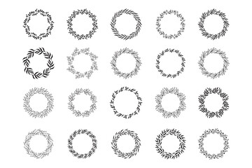 Set of hand drawn round spring wreaths isolated. Collection doodle floral frames. Silhouette circle of leaves.