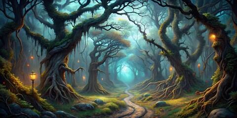 Fototapeta premium A winding path through a dense, moss-covered forest illuminated by the soft glow of lanterns hanging from the branches