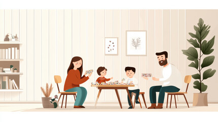 cozy living room scene featuring family members playing board games together, creating warm and joyful atmosphere. room is decorated with plants and artwork, enhancing inviting feel