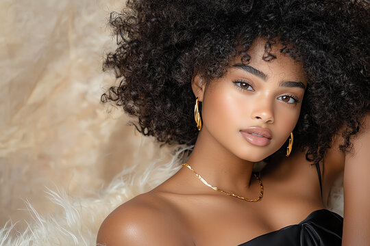 Portrait of a woman with curly hair, showcasing beauty and elegance.