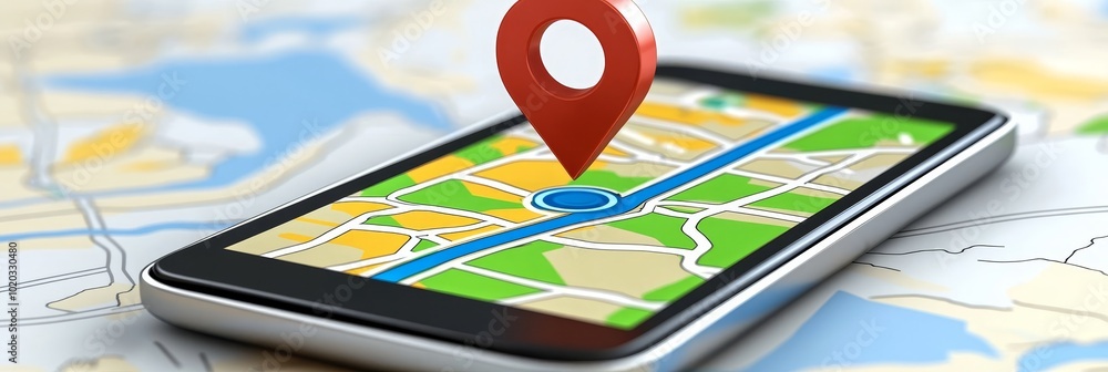 Poster smartphone with gps navigation and location pin on a map, exploring and finding routes