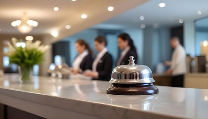 A silver service bell on a hotel reception desk, with blurred hotel staff in the background