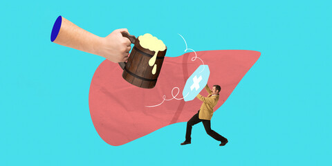 Man trying to shield liver from alcohol, emphasizing strain on liver due to alcohol consumption. Liver health and risks of excessive drinking. Contemporary art. Medicine, treatment, healthcare concept