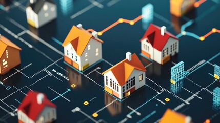 Upward arrow chart with houses, highlighting a growing real estate market.