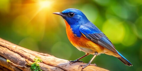 Fototapeta premium A Vibrant Blue and Orange Bird Perched on a Sunlit Branch, its Bright Feathers Gleaming Against a Defocused Background of Green Foliage