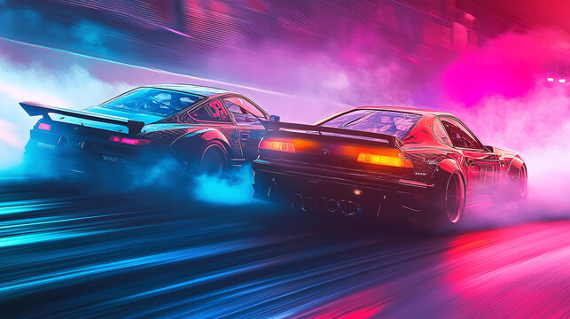 Two drift cars engage in an intense battle, sliding side-by-side in a tight curve. The vibrant colors and swirling smoke create a thrilling atmosphere on the racetrack