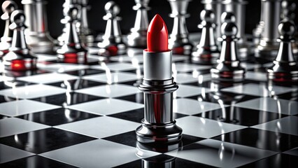 The Bold Move of a Red Lipstick Standing Tall Amidst a Field of Silver Chess Pieces