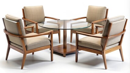 A Minimalist Ensemble Featuring Four Wooden Chairs Surrounding a Glass-Top Table with a Square Base