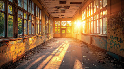 Fototapeta premium Sunlight shining through broken windows illuminating an abandoned school hallway with damaged walls