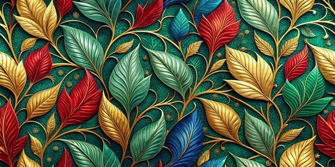 A Tapestry of Metallic Foliage Embellished with Delicate Gold Vines and Scattered Gemstones