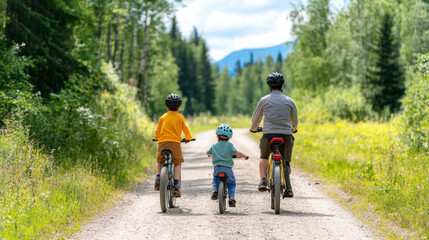 Naklejka premium family enjoys bike ride along scenic trail surrounded by lush greenery and mountains. children are excited, creating joyful atmosphere on this beautiful day