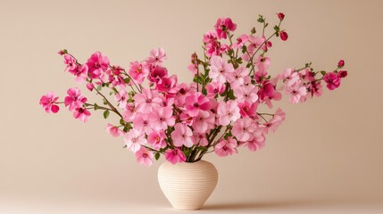 Naklejka premium Vase filled with pink flowers arranged in the shape of a heart, set against a neutral background for a sweet, elegant look