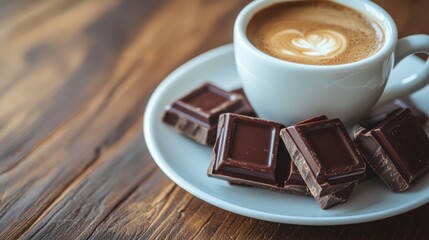 A white cup of coffee surrounded by squares of dark chocolate on a neutral fabric, creating a decadent and inviting coffee break scene.