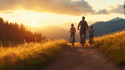 Fototapeta premium family enjoying bike ride along scenic trail during sunset, surrounded by beautiful mountains and lush greenery. warm light creates joyful atmosphere