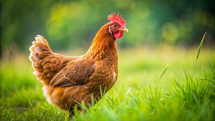 A Single Hen Stands Tall in a Lush Meadow, Its Feathers a Warm Brown Against the Vibrant Green