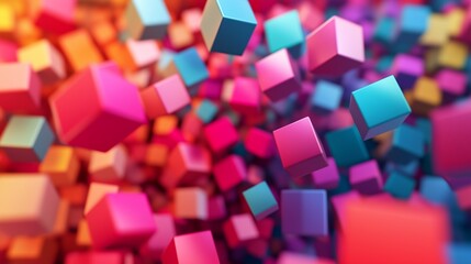 Colorful 3D cubes in a dynamic arrangement create an abstract visual explosion in bright hues of pink, blue, and purple