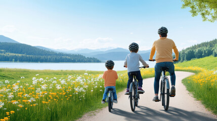 Obraz premium family enjoying bike ride along scenic trail, surrounded by lush greenery and vibrant flowers. peaceful atmosphere enhances their joyful experience