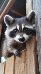 A close-up of a raccoon peeking out from between wooden slats.