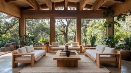 Fototapeta premium A cozy reading nook with pillows and blankets surrounded by lush green plants. Concept of a peaceful and nature-inspired retreat.
