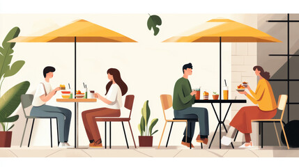 group of friends enjoying brunch on sunny terrace, surrounded by plants and bright umbrellas, creating cheerful and relaxed atmosphere