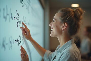 Smiling woman solving mathematical equations on interactive whiteboard, close-up of hand writing formulas, classroom teaching, education concept